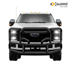 Front view of a white Ford F-250 truck with black Ex-Guard Grill Guard on a white background
