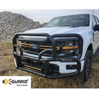 White Ford truck with a black grille guard in a rocky outdoor setting