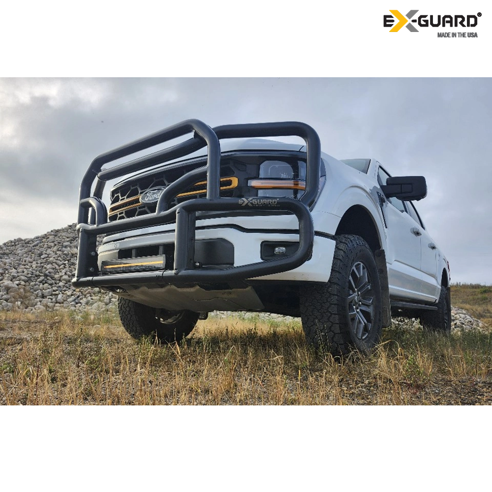 White pickup truck with large black grills on a grassy field with a cloudy sky.