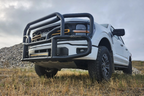 White pickup truck with large black grills on a grassy field with a cloudy sky.