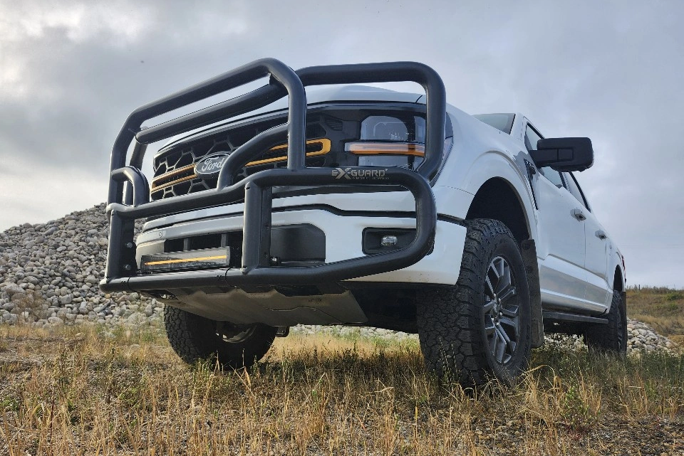 White pickup truck with large black grills on a grassy field with a cloudy sky.