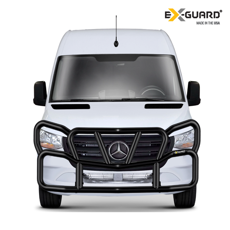 White Mercedes-Benz van with black grille guard on a white background