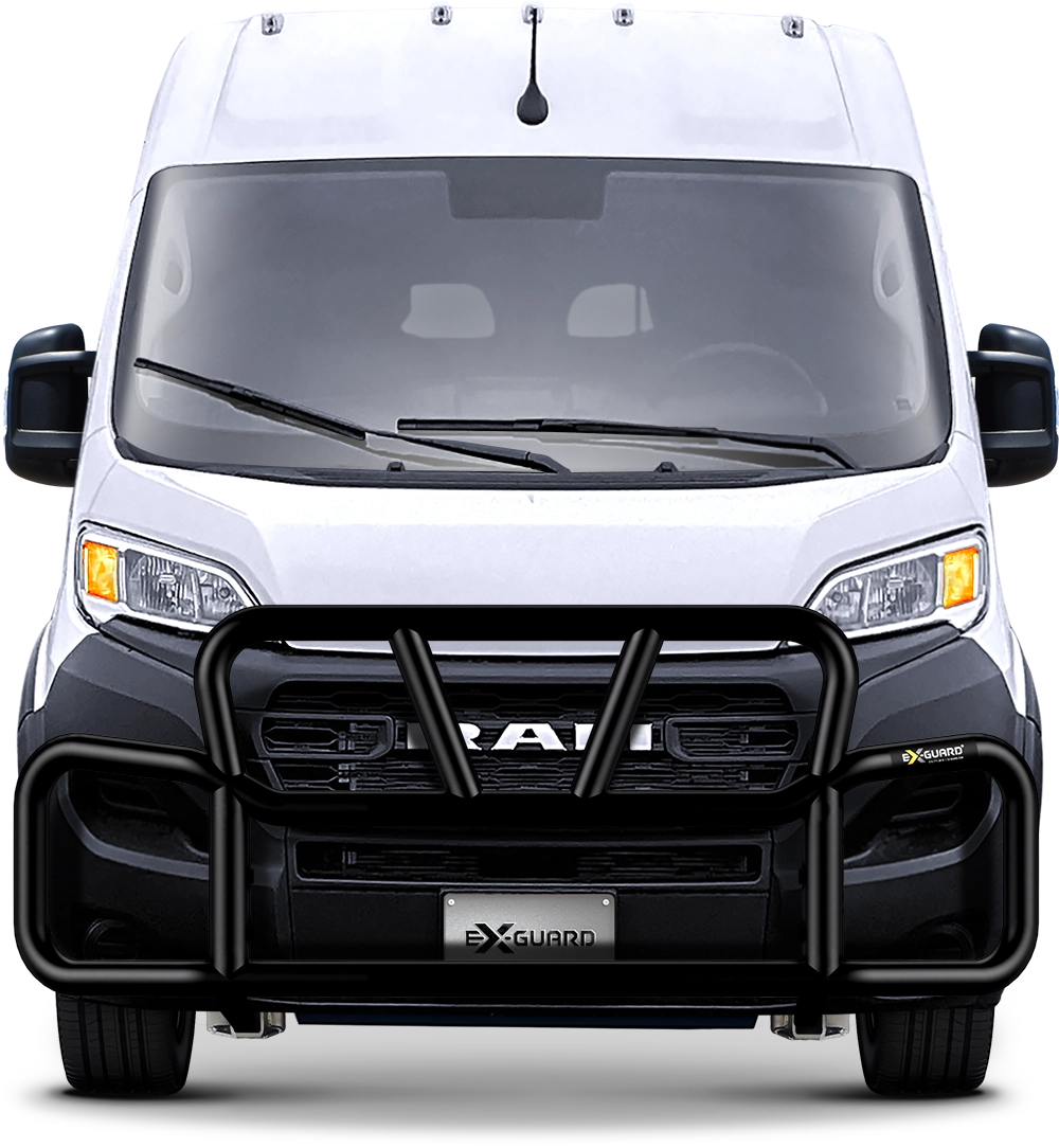 White van with black grille and Ex-Guard bumper on a white background